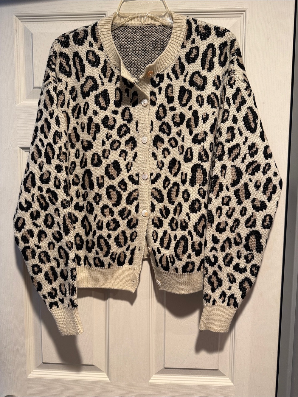 Leopard Print Button-Up Cardigan Sweater - Beige/Black